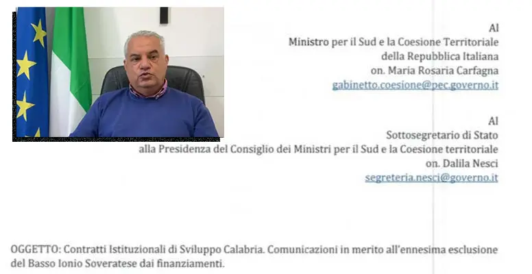 Lettera trasmessa al Ministro per il sud e coesione territoriale