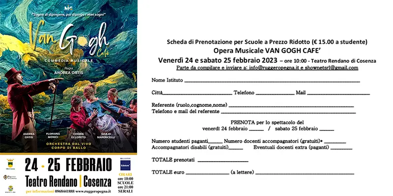 Al via le prenotazioni delle scuole per “Van Gogh Cafè” al Teatro Rendano di Cosenza il 24 e 25 febbraio 2023. (Pdf scheda scuole)