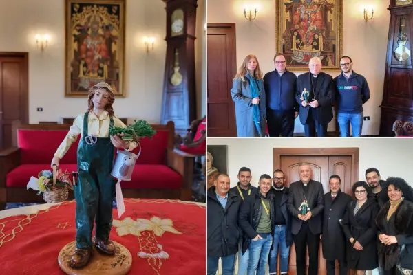 Consegnata ai vescovi mons. Attilio Nostro e mons. Leonardo Bonanno la statuina del Presepe 2022: la florovivaista.
