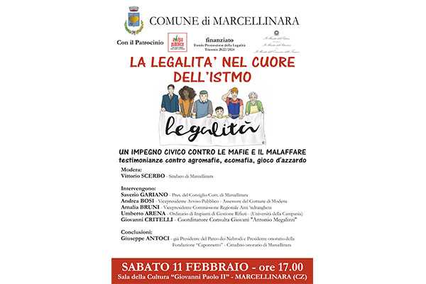 “La legalità nel cuore dell’Istmo”: l’11 febbraio un incontro a Marcellinara