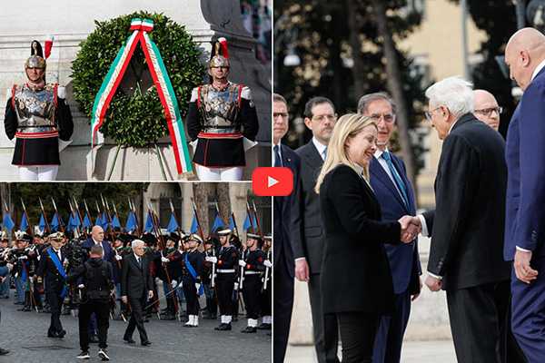 25 aprile: Mattarella all'Altare della Patria, accolto dall'Inno. Il Presidente saluta il premier Giorgia Meloni. Video