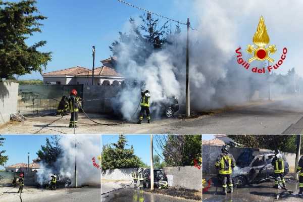 Incidente a Cirò Marina: auto si schianta contro un muro, va in fiamme, intervento dei Vvf
