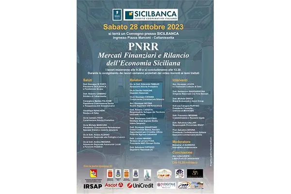 PNRR, mercati finanziari e nuove opportunità per l’economia siciliana: sabato 28 ottobre a Caltanissetta un convegno nella sede di Sicilbanca