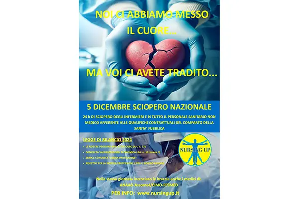 Nursing Up. Sarà Sciopero il prossimo 5 dicembre. Infermieri al fianco dei medici!