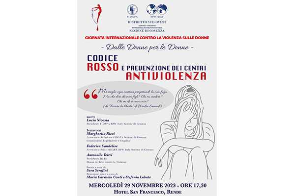 La Fidapa di Cosenza presenta il convegno “Dalle donne per le donne- Codice rosso e prevenzione dei centri antiviolenza”