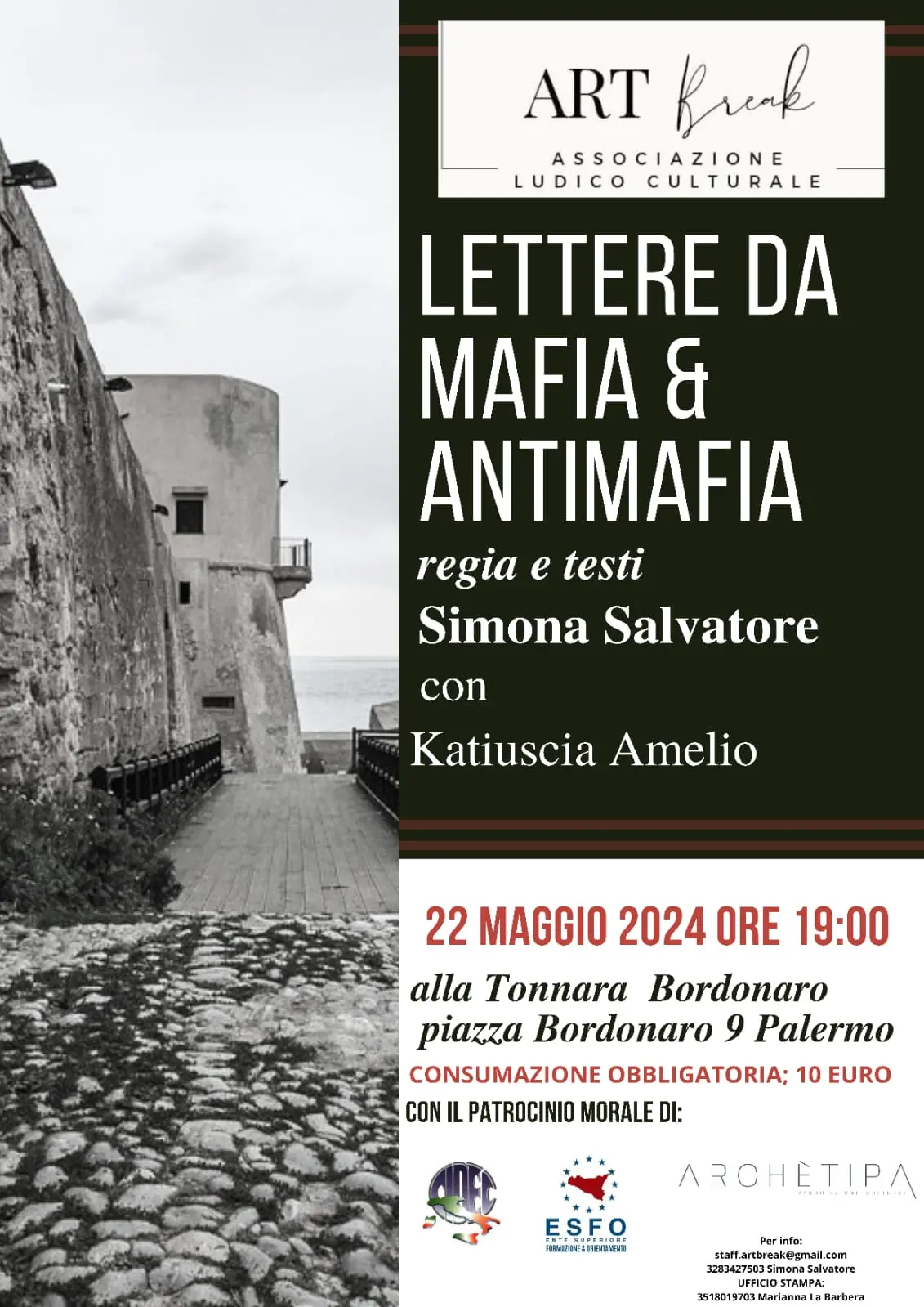 Per la prima volta in Sicilia “Lettere da Mafia e Antimafia”. Impegno civile, legalità e riscatto nello spettacolo teatrale in programma alla Tonnara Bordonaro di Palermo mercoledì 22 maggio. In scena Simona Salvatore e Katiuscia Amelio