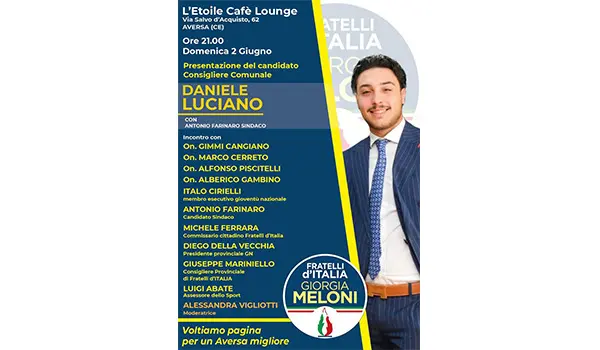 Antonio Farinaro sindaco, il 2 giugno presentazione candidato Daniele Luciano presso l’Etoile