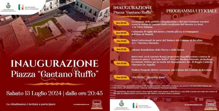 Bovalino-Cultura: Sarà inaugurata domani alle ore 20.45 la nuova Piazza "Gaetano Ruffo"