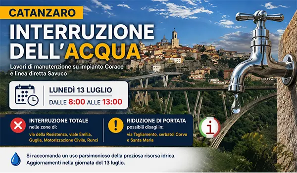 Catanzaro, interruzione dell’acqua il 13 luglio: ecco le zone interessate