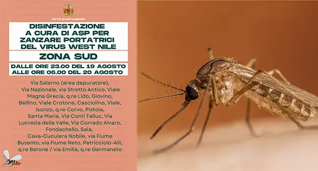 West Nile a Catanzaro: intervento straordinario di disinfestazione nella zona Sud