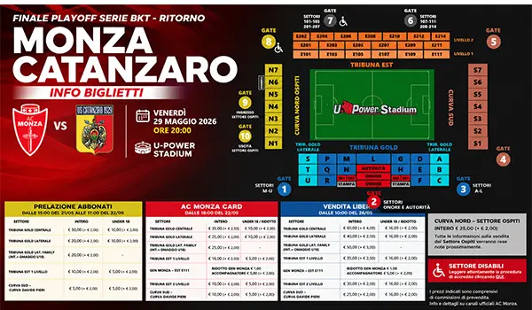 Monza Catanzaro finale playoff Serie B biglietti al via per il ritorno all’U Power Stadium