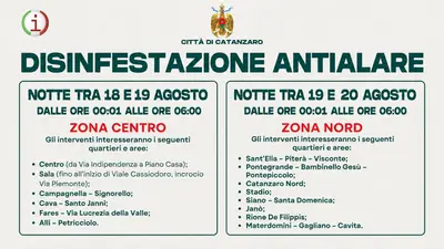 Disinfestazione antialare a Catanzaro ad agosto 2026 date orari e quartieri interessati