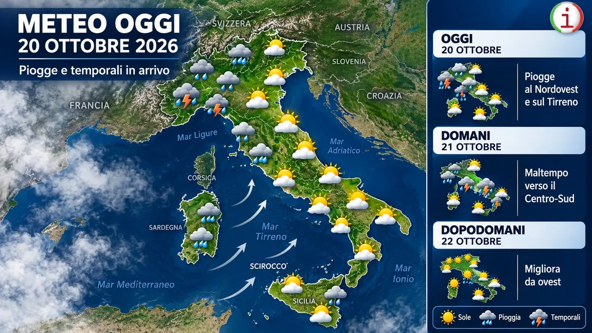 Meteo, allerta arancione: perturbazione sull’Italia tra il 20 e il 21 ottobre con piogge forti e scirocco