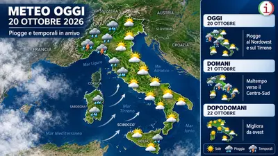 Meteo, allerta arancione: perturbazione sull’Italia tra il 20 e il 21 ottobre con piogge forti e scirocco