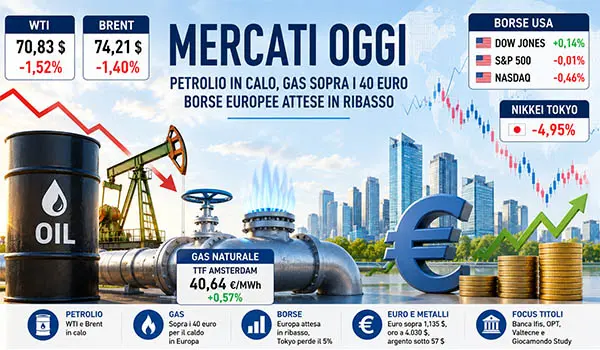 Mercati oggi: petrolio in calo, gas oltre i 40 euro e Borse europee attese in ribasso