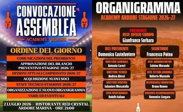 Ardore: Gianfranco Sorbara rieletto presidente. l'Academy Ardore apre la stagione 2026/27 tra sport, giovani e nuovi obiettivi.