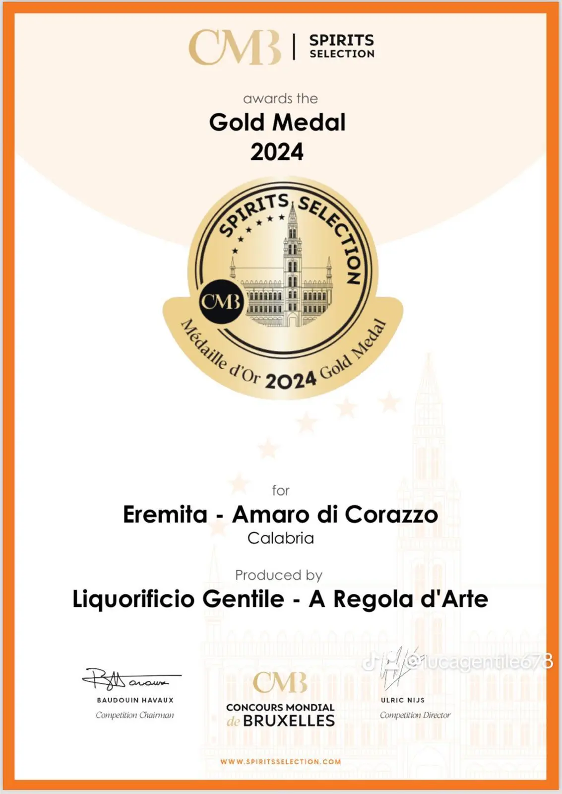 Medaglia d'oro all'Amaro Eremita di Carlopoli agli Spirits Selection cinesi
