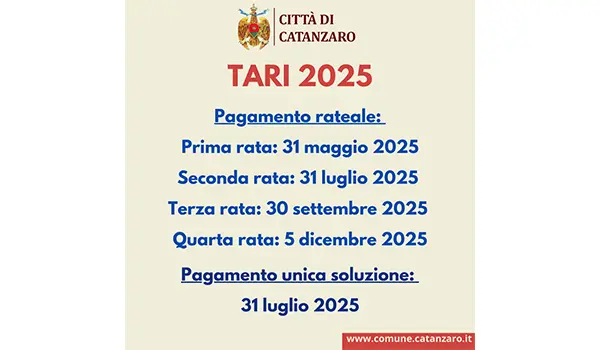 Catanzaro, TARI 2025: definite le scadenze e le modalità di pagamento con modello F24