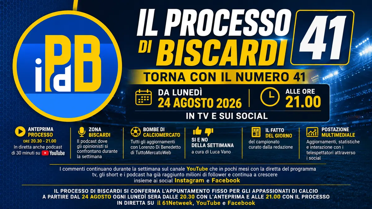 Il Processo di Biscardi torna con il numero 41: da lunedì 24 agosto 2026 alle ore 21.00, in TV e sui Social