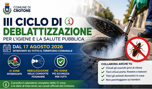 Crotone, al via il terzo ciclo di deblattizzazione 2026: calendario, zone interessate e consigli per i cittadini