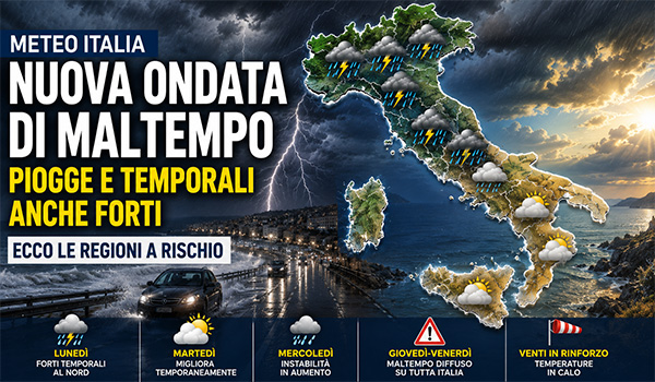 Meteo Italia, nuova ondata di maltempo in arrivo: piogge, temporali e grandine su diverse regioni
