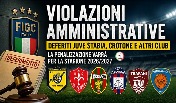Violazioni amministrative FIGC: deferiti Crotone, Juve Stabia e altri club. Penalizzazioni nella stagione 2026 2027