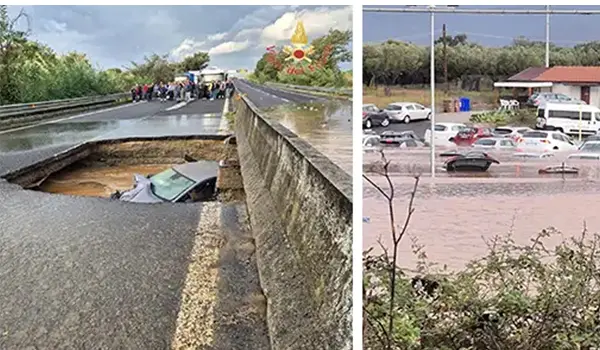 (Aggiornamento) Maltempo Catanzaro: auto inghiottita da una voragine sulla SS280, interventi dei Vvf in corso (Video)