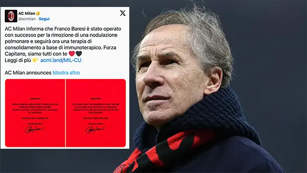 Franco Baresi operato ai polmoni: intervento riuscito e messaggio di speranza ai tifosi