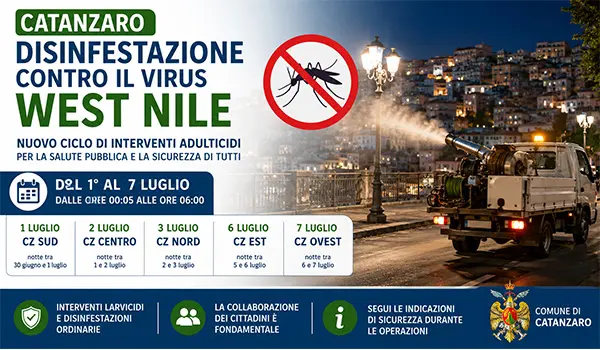 Disinfestazione contro il virus West Nile a Catanzaro: calendario degli interventi dal 1° al 7 luglio