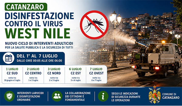 Disinfestazione contro il virus West Nile a Catanzaro: calendario degli interventi dal 1° al 7 luglio