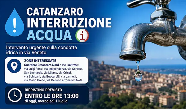 Catanzaro, interruzione dell’acqua: guasto alla rete idrica, ecco le zone interessate