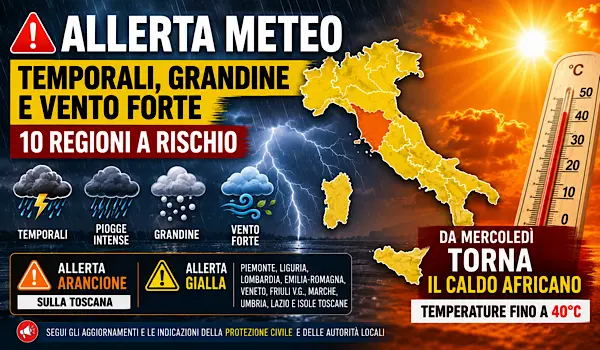 Allerta meteo sull’Italia: temporali, grandine e vento forte in 10 regioni, poi torna il caldo africano con temperature fino a 40°C