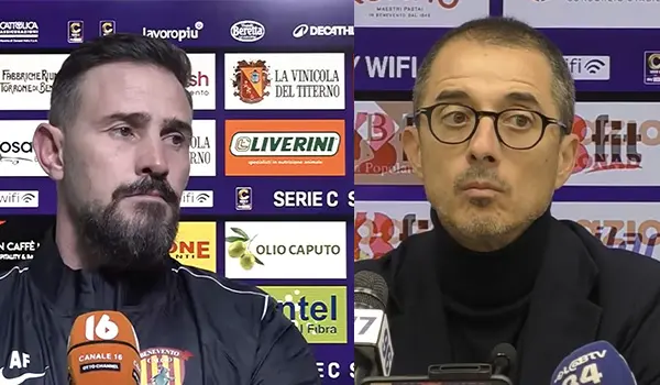 Benevento–Crotone 2-1: Floro Flores e Longo tra visioni di gioco e polemiche arbitrali. (Video)