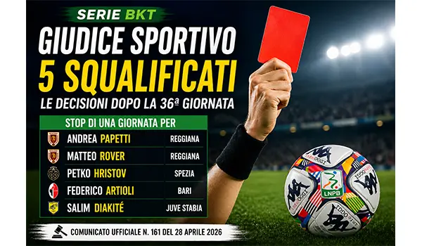 Serie B, decisioni del Giudice Sportivo: cinque squalificati dopo la 36ª giornata