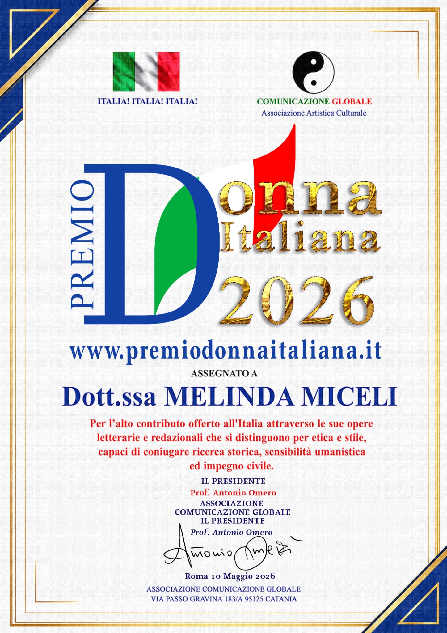 Melinda Miceli rivince il Premio Donna italiana  