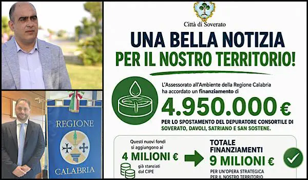Il sindaco di Soverato Daniele Vacca annuncia quasi 5 milioni di euro per il nuovo depuratore consortile