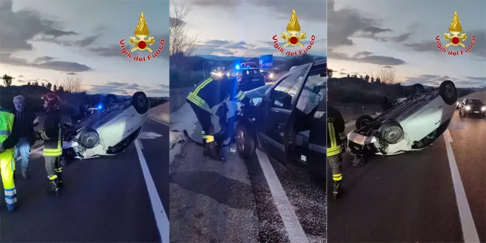 Incidente sulla SS107 a Crotone: Fiat 500 si ribalta, due feriti non gravi