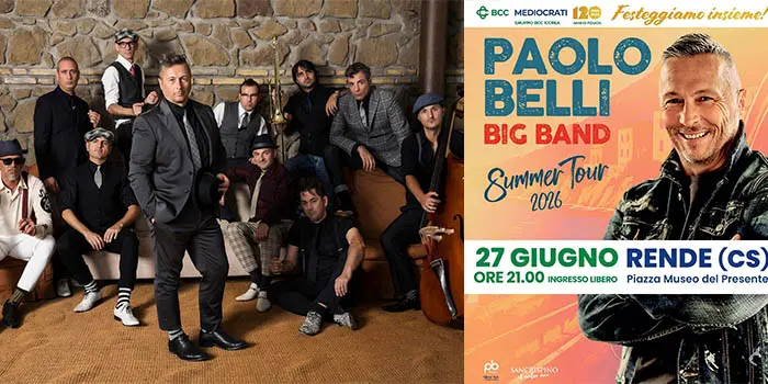 Sabato sera parte l’estate dei grandi live in Calabria con il concerto gratuito di Paolo Belli e della sua Big Band in  Piazza Kennedy di Rende per la festa dei 120 anni della BCC Mediocrati. Ingresso libero