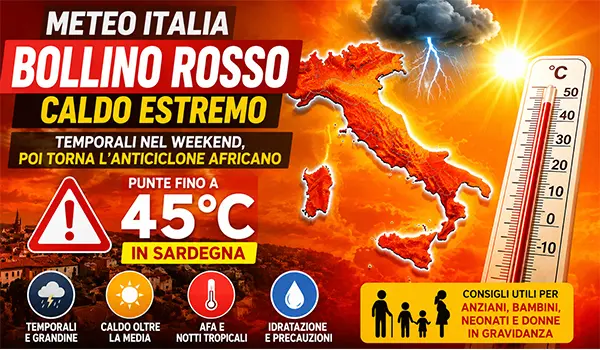 Meteo Italia, bollino rosso per il caldo: temporali nel weekend, poi torna l’anticiclone africano con picchi fino a 45°C