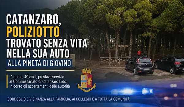 Catanzaro, poliziotto trovato senza vita nella sua auto alla pineta di Giovino