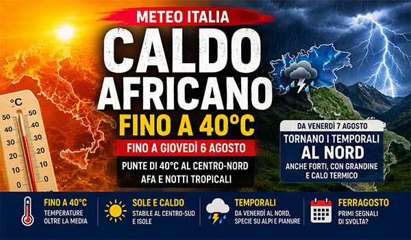 Meteo Italia, ondata di caldo africano fino a giovedì poi cambia tutto: temporali intensi al Nord e primi segnali di svolta