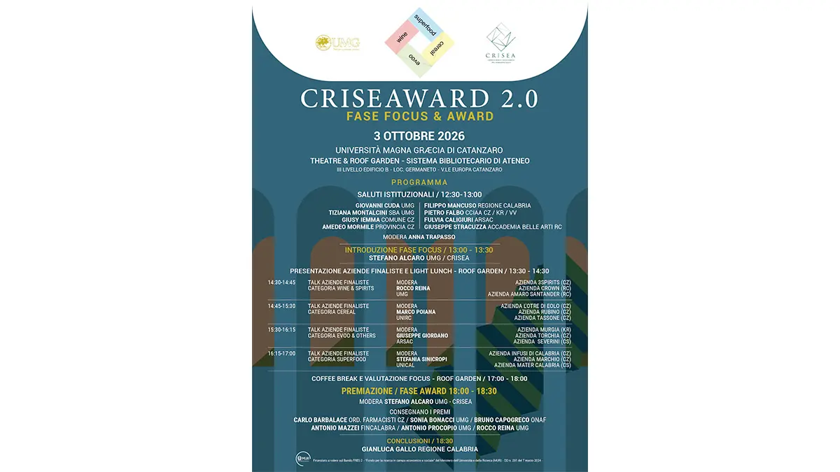 CRISEAWARD 2.0, sabato 3 ottobre la finale tra aziende calabresi all’Università Magna Graecia di Catanzaro