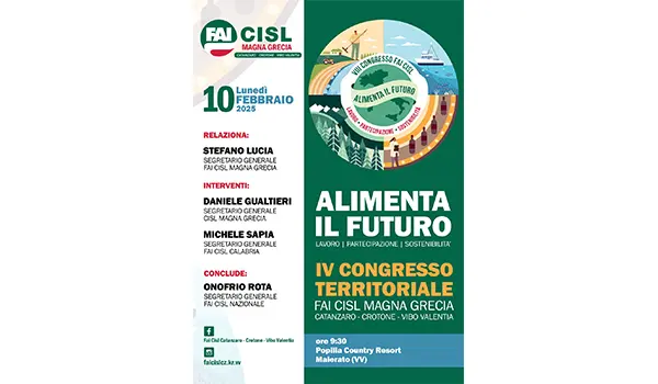 Lunedì a Maierato il congresso della Fai Cisl Magna Grecia