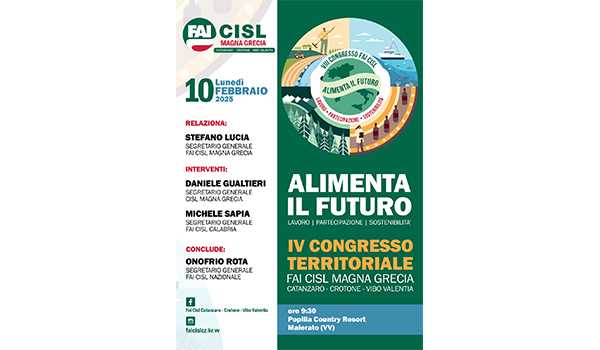 Lunedì a Maierato il congresso della Fai Cisl Magna Grecia