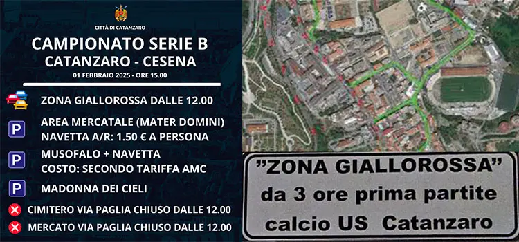 Zona Giallorossa per Catanzaro - Cesena: le disposizioni su viabilità, cimiteri e mercato rionale 