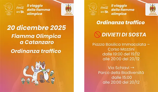 Fiamma Olimpica a Catanzaro: viabilità, divieti e chiusure stradali del 20 dicembre 2025
