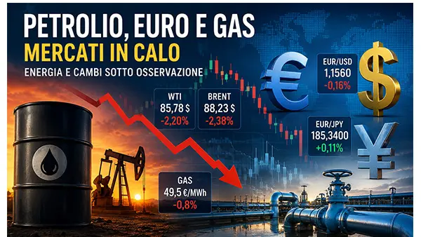 Petrolio, euro e gas sotto osservazione: mercati deboli tra energia e cambi