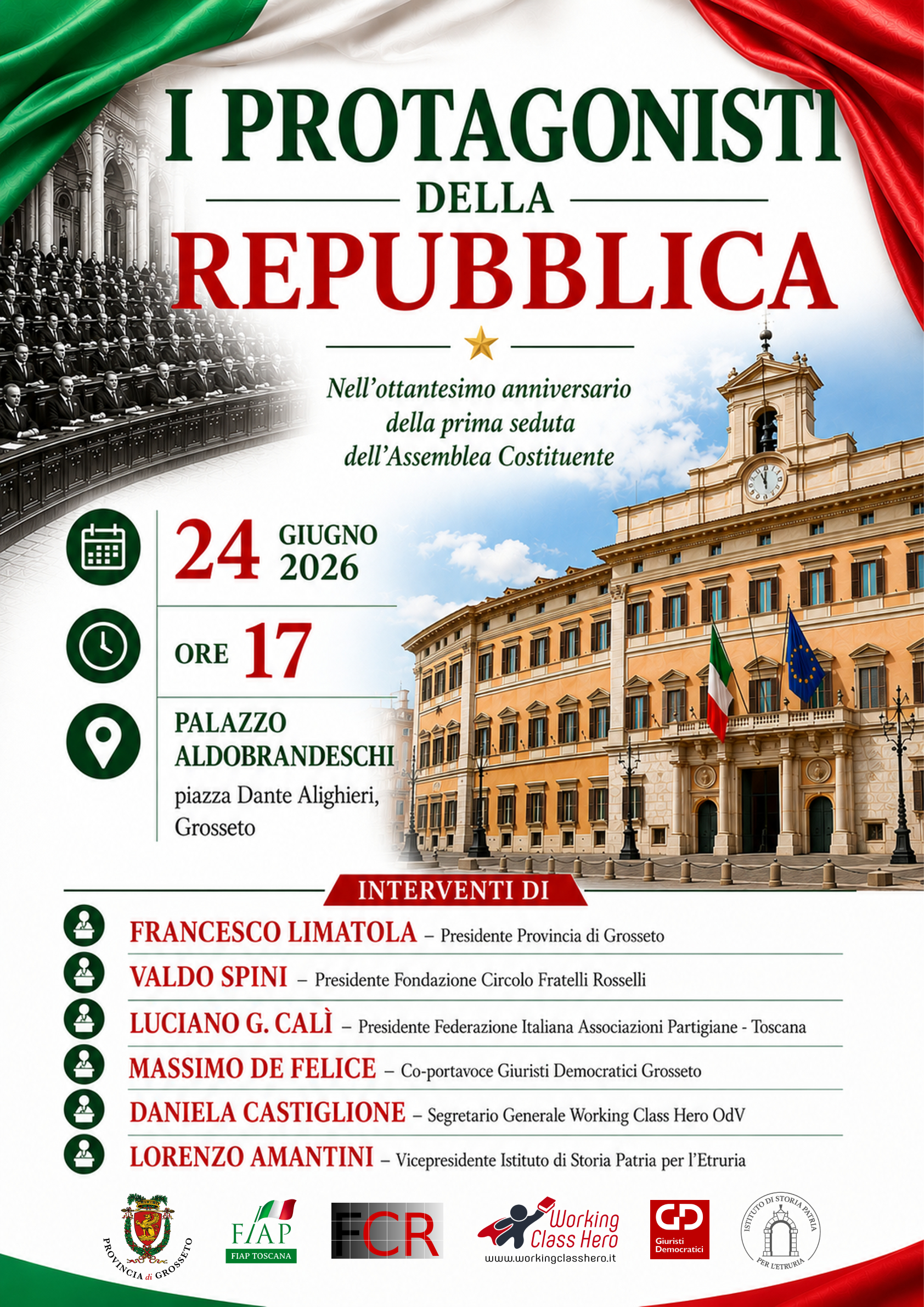 “I protagonisti della Repubblica”, evento istituzionale mercoledì 24 giugno, ore 17, Palazzo Aldobrandeschi, piazza Dante Alighieri
