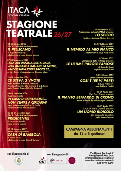 “Itaca Colonia Creativa” Stagione 2026/27. Il debutto il 24 ottobre