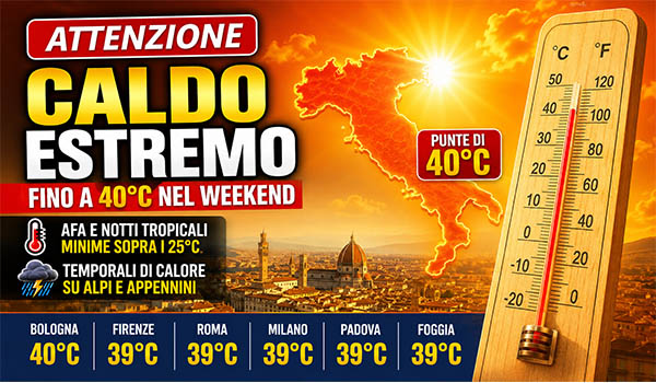 Meteo Italia, weekend di caldo estremo: fino a 40°C e afa soffocante, ma attenzione ai temporali